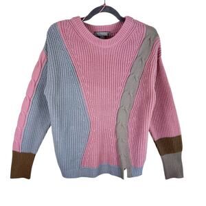 By Design Pink Gray Tan Colorblock‎ Chunky Knit Crew Neck Sweater Cozy Size XL